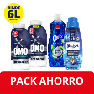 Pack 2 un. Detergente Líquido Omo Diluible 500 ml Rinde 3 L + Quix Ultra 300 ml + Comfort 500 ml