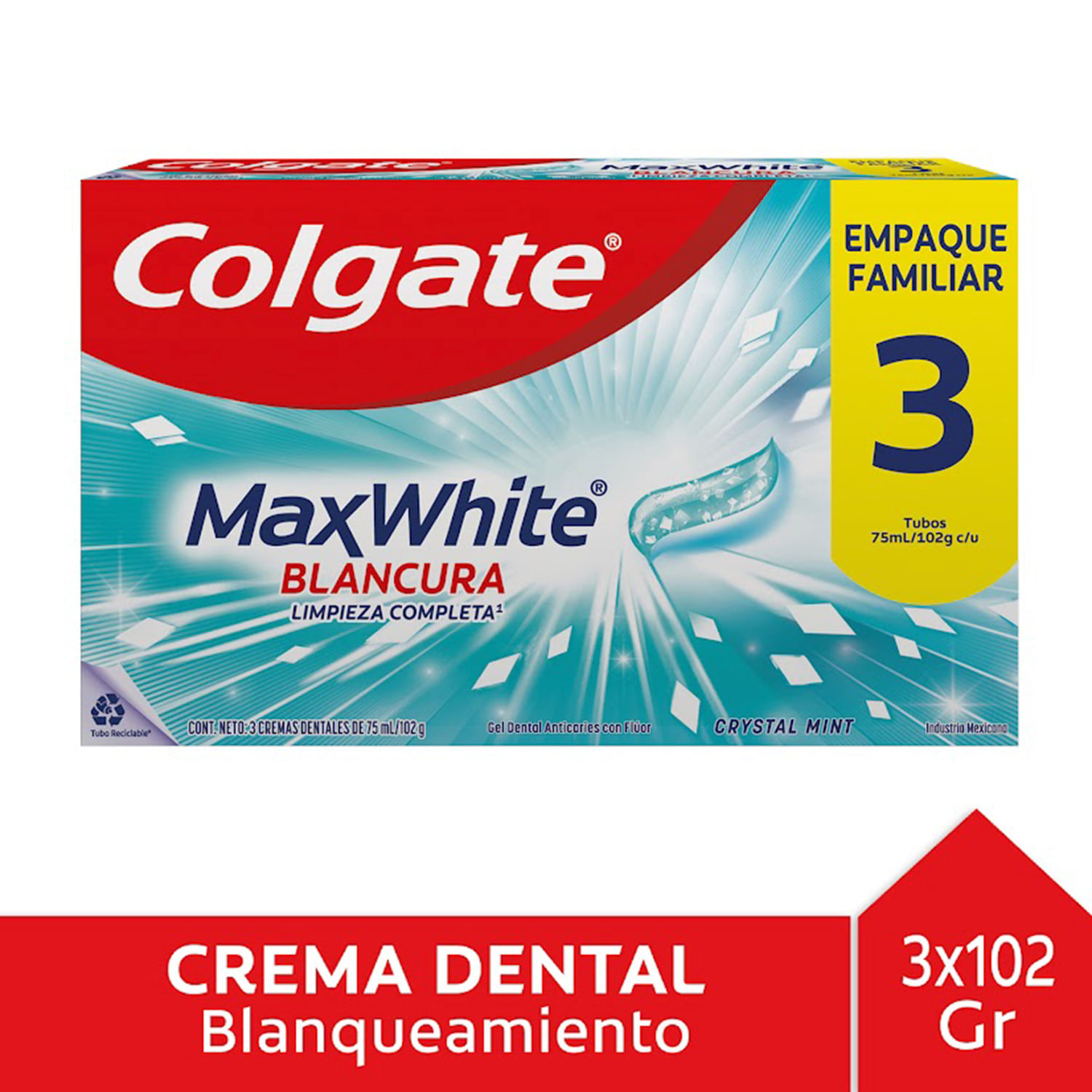 Pack 3 un. Pasta Dental Colgate Max White Crystal Mint 102 g