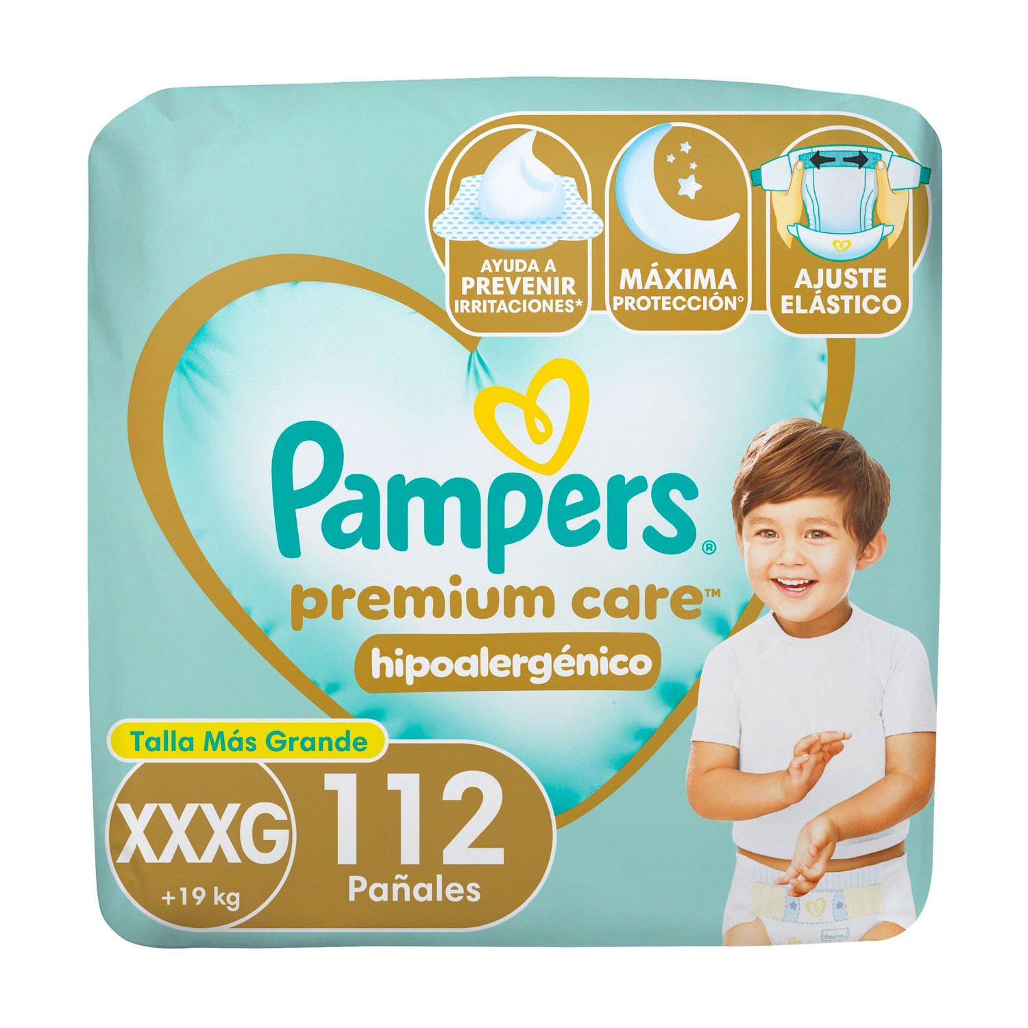 Pañales Pampers Premium Care +19 kg Talla XXXG 112 un.