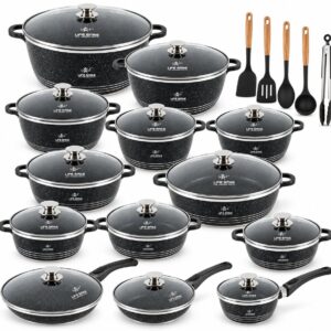 Batería de cocina antiadherente tipo granito de 31 piezas con utensilios